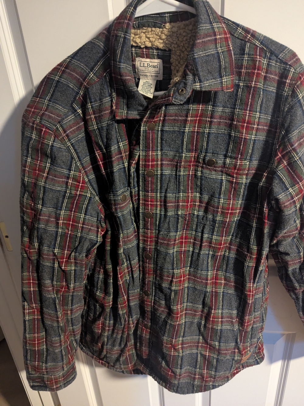 L.L. Bean Men's Plaid Sherpa-Lined Shirt Jacket - Navy & Red